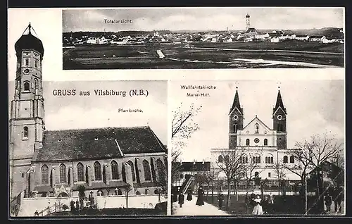 AK Vilsbiburg /N.-B., Totalansicht, Pfarrkirche, Wallfahrtskirche Maria-Hilf