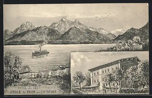 Künstler-AK Stock bei Prien, Hotel am See