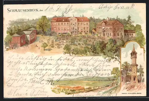 Lithographie Nürnberg, Gasthaus Schmausenbruck, Ortspartie, Aussichtsturm