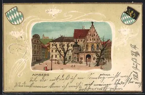 Passepartout-Lithographie Amberg, Rathaus, Wappen