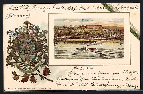 Passepartout-Lithographie Pirna a. E., Teilansicht mit Dampfer, Wappen
