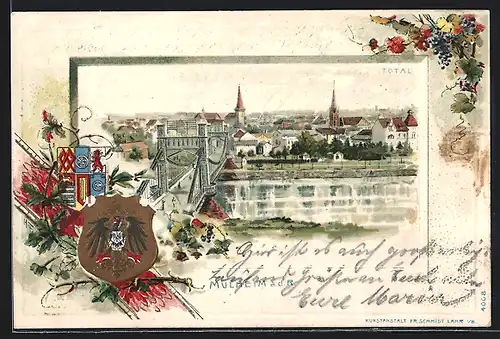 Passepartout-Lithographie Mülheim a. d. R., Totalansicht, Wappen