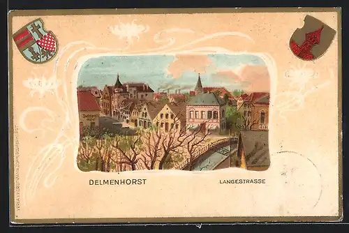 Passepartout-Lithographie Delmenhorst, Langestrasse mit Sudmann`s Hotel, Wappen