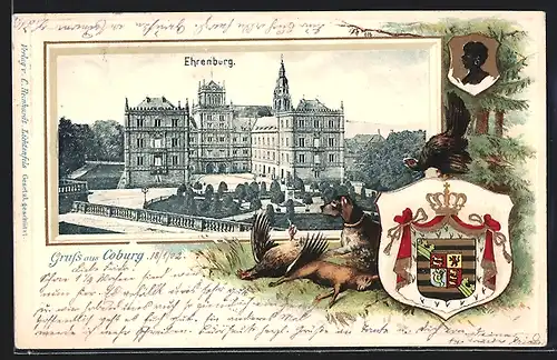 Passepartout-Lithographie Coburg, Ehrenburg, Wappen