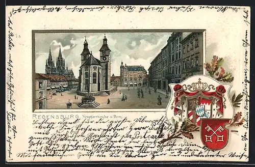 Passepartout-Lithographie Regensburg, Neupfarrkirche und Dom, Wappen