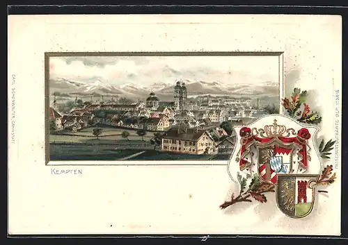 Passepartout-Lithographie Kempten, Gesamtansicht mit Bergpanorama, geprägtes Wappen