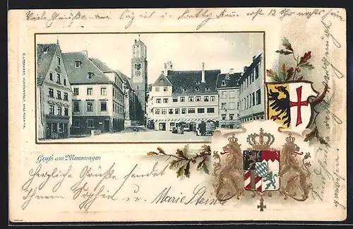 Passepartout-Lithographie Memmingen, Ortspartie mit Seifenfabrik, Wappen