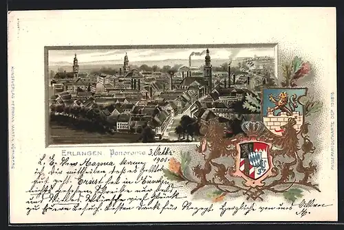Passepartout-Lithographie Erlangen, Panoramablick auf die Stadt, Wappen