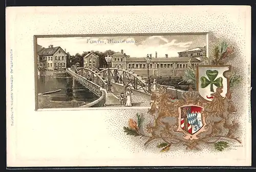 Passepartout-Lithographie Fürth, An der Maxbrücke, Wappen