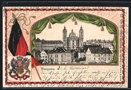 Passepartout-Lithographie Weingarten, Ortsansicht mit Kaserne, Wappen