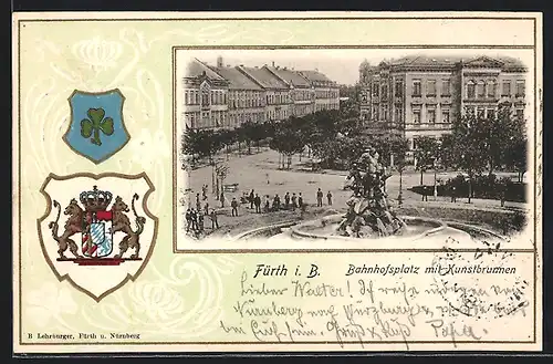Passepartout-Lithographie Fürth i. B., Bahnhofsplatz mit Kunstbrunnen, Wappen