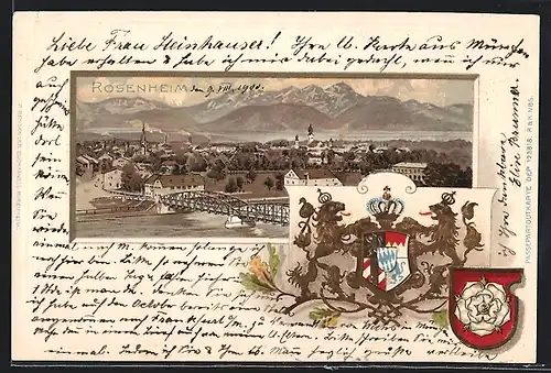 Passepartout-Lithographie Rosenheim, Gesamtansicht aus der Vogelschau, Wappen