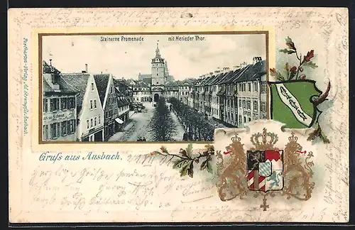 Passepartout-Lithographie Ansbach, Strasse Steinerne Promenade mit Herieder Tor, Wappen