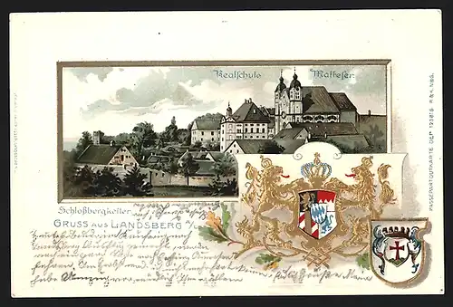 Passepartout-Lithographie Landsberg a. L., Realschule und Malteser, Wappen