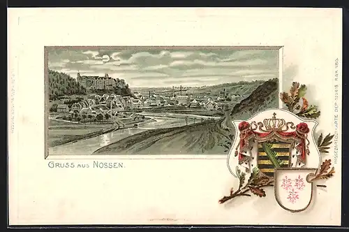 Passepartout-Lithographie Nossen, Panoramablick auf die Stadt bei Vollmond, Wappen