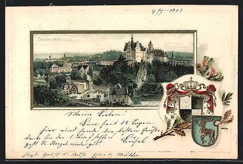 Passepartout-Lithographie Sigmaringen, Teilansicht mit Schloss, Wappen