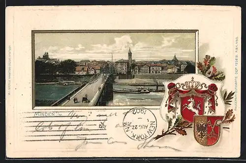 Passepartout-Lithographie Minden i. W., Uferpartie mit Brücke, Wappen