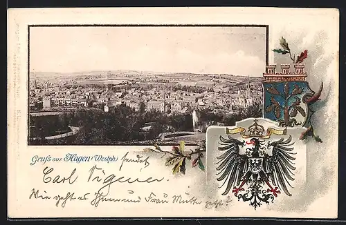 Passepartout-Lithographie Hagen, Totale mit Wappen