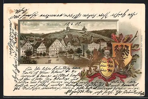 Passepartout-Lithographie Esslingen a. N., Marktplatz, Wappen