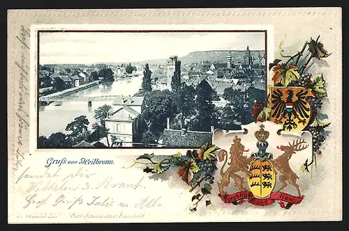 Passepartout-Lithographie Heilbronn, Gesamtansicht, Wappen