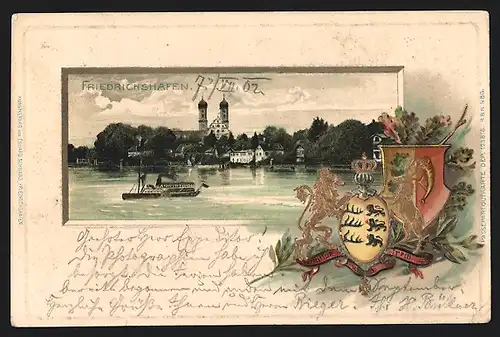 Passepartout-Lithographie Friedrichshafen, Totalansicht mit Wappen und Goldverzierungen