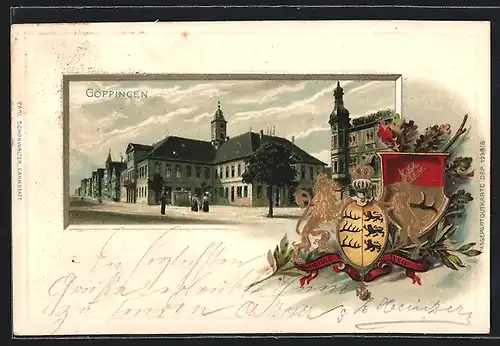 Passepartout-Lithographie Göppingen, Strassenpartie mit Gebäudeansicht, Wappen