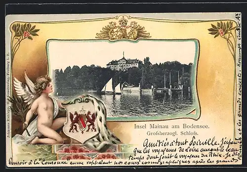 Passepartout-Lithographie Insel Mainau am Bodensee, Grossherzogliches Schloss, Wappen