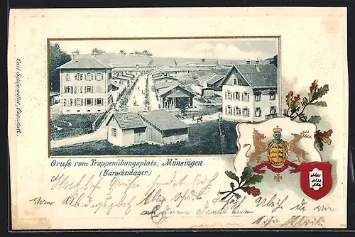 Passepartout-Lithographie Münsingen, Truppenübungsplatz (Barackenlager), geprägtes Wappen