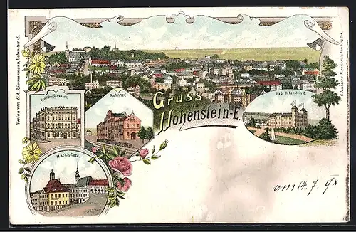 Lithographie Hohenstein-E., Ortsansicht, Hotel drei Schwanen, Bahnhof
