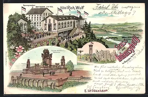 Lithographie Hohensyburg, Hotel Rich. Wulf mit Umgebung, Burgruine Kaiser Wilhelm-Denkmal