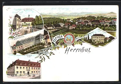 Lithographie Herrnhut, Gasthof, Kirchensaal, Mädchenhaus