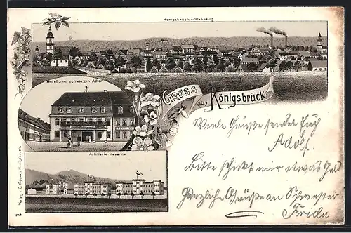 Lithographie Königsbrück, Hotel zum schwarzen Adler, Artillerie-Kaserne, Ortsansicht vom Bahnhof gesehen