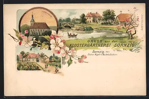 Lithographie Sornzig, Klostergärtnerei, Ortspartie