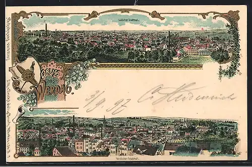 Lithographie Werdau, Südlicher Stadtteil und nördlicher Stadtteil aus der Vogelschau, Wappen