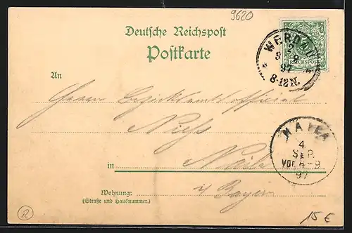 Lithographie Werdau, Südlicher Stadtteil und nördlicher Stadtteil aus der Vogelschau, Wappen
