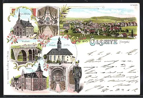 Lithographie Oelsnitz, Rathaus, Viadukt, Kath. Kirche, Bergmann