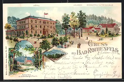 Lithographie Bad Rothenfels, Rothenfels mit Eichelberg & Thurm, Hotel Bad Rothenfels, Trinkhalle