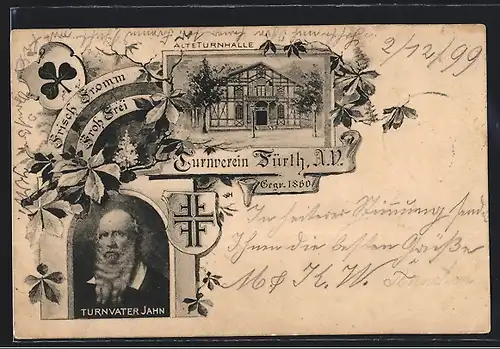 Lithographie Fürth, Turnverein Fürth A. V., gegr. 1860, Alte Turnhalle, Porträt Turnvater Jahn