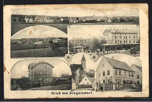 AK Siegelsdorf, Bahnhof, Strassenpartie an Bäckerei & Spezereihandlung, Kirche