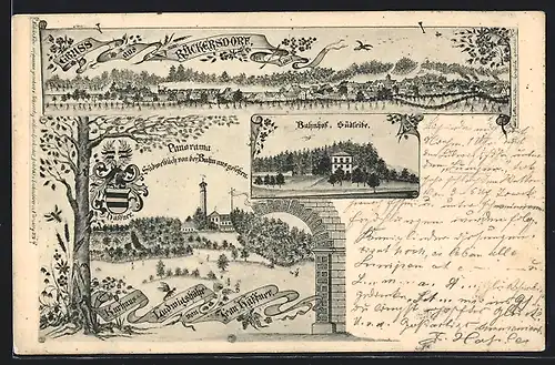 Lithographie Rückersdorf, Kurhaus Ludwigshöhe von Jean Häffner, Südseite des Bahnhofs, Panorama