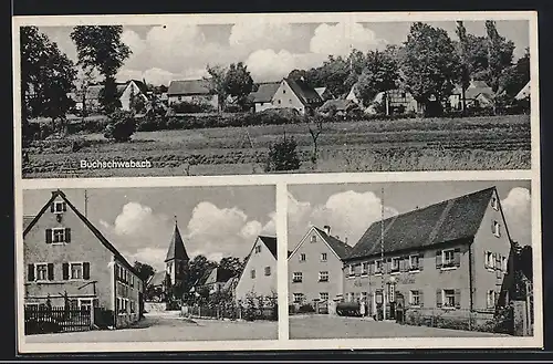 AK Buchschwabach, Kolonialwwarenhandlung mit Shell-Tanksäulen, Strassenpartie mit Kirche