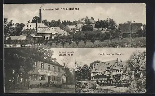 AK Gerasmühle bei Nürnberg, Gastwirtschaft von Johann Kuch, Mühlen an der Rednitz