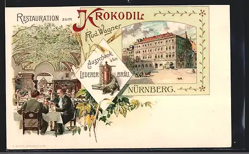 Lithographie Nürnberg, Restauration zum Krokodil, Bes. Rud. Wagner, Innenansicht