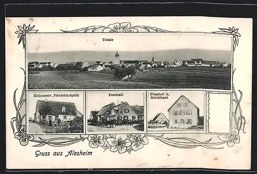 AK Alesheim, Krämerei v. Friedrich Späth, Poststall, Pfarrhof und Schulhaus, Totalansicht