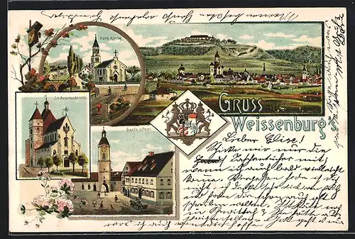 Lithographie Weissenburg, Gasth. z. Post, Kath. Kirche, St. Andreaskirche, Ortsansicht