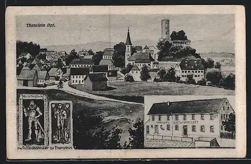 AK Thanstein /Opf., Träxlers Gastwirtschaft, Ritterdenkmäler, Ortsansicht mit Kirche
