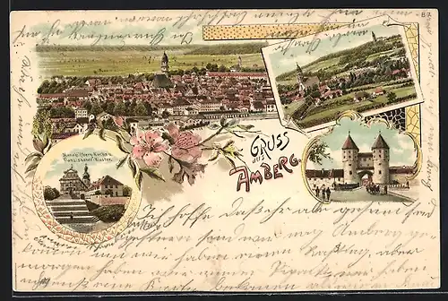 Lithographie Amberg, Mariahilfberg-Kirche und Franziskanerkloster, Stadttor, Ortsansicht aus der Vogelschau