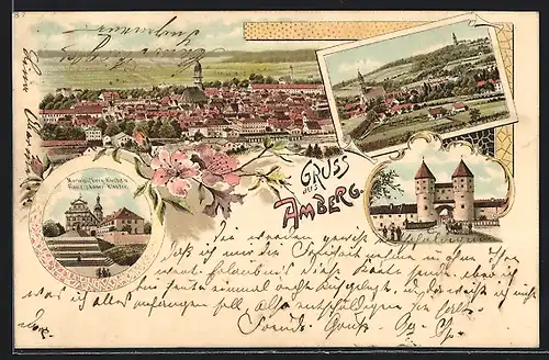 Lithographie Amberg, Mariahilfberg-Kirche und Franziskanerkloster, Stadttor, Ortsansicht aus der Vogelschau