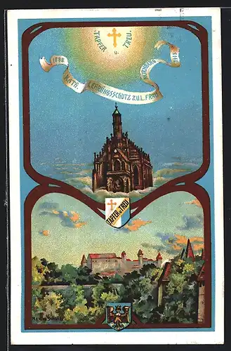 Künstler-AK Nürnberg, Kath. Lehrlingsschutz z. u. l. Frau, Ortsansicht