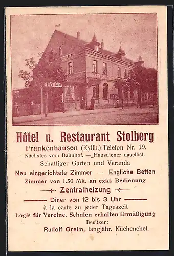 AK Frankenhausen /Kyffh., Hotel u. Restaurant Stolberg, Bes. Rudolf Greim